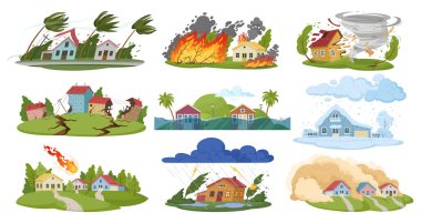 Doğal afetler, karikatür hasarları felaketler. Kasırga, orman yangını, sel, deprem ve kar fırtınası düz vektör çizimi. Toprak hasarı koleksiyonu