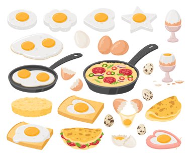 Çizgi film yumurtaları, pişmiş yumurtalar. Kızarmış, haşlanmış, doldurulmuş yumurta, omlet ve omlet, sağlıklı, lezzetli, düz kahvaltı çizimi seti. Lezzetli yumurta yemekleri.