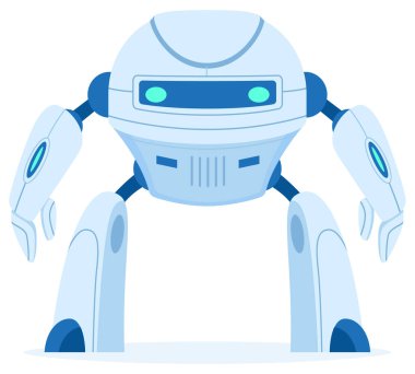 Çizgi film robotu, modern dijital sayborg. Yenilik teknolojisi makinesi, beyaz arka planda robotik maskot düz vektör çizimi