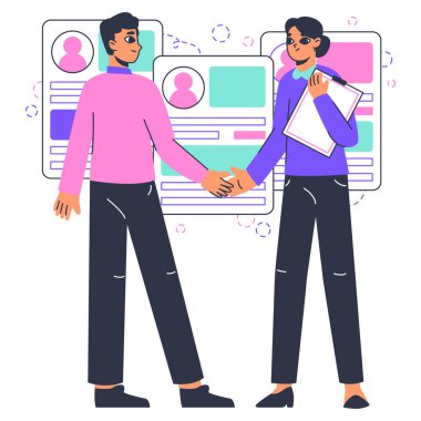 İşe alım sürecinde. Yeni bir iş bulma kurumu çalışanı, beyaz arka planda yeni bir iş bulma adayı, İK yöneticisi ve iş arayan karakter düz vektör çizimi