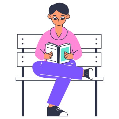 Kitap okuyan erkek karakter. Ellerinde kitap olan edebiyat aşığı, rahat pozisyonda kitap okuyan beyaz arka planda izole edilmiş düz vektör çizimi