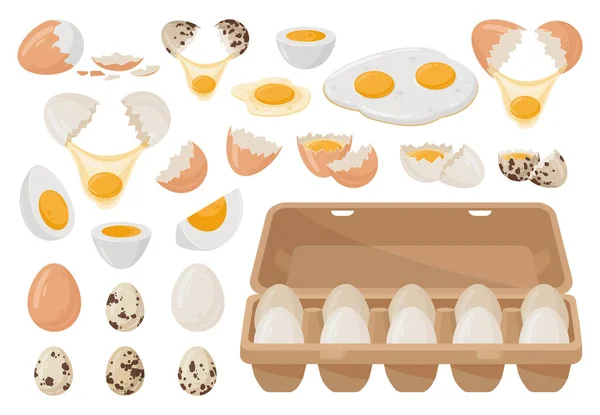漫画の卵 ゆで卵と揚げ卵 砕いた卵殻 詰め物 スクランブルエッグ 健康食品 おいしいタンパク質朝食成分フラットベクトルイラストセット 卵コレクション — ストックベクタ