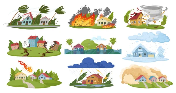 Desastres Naturais Danos Nos Desenhos Animados Cataclismos Furacão Incêndio Florestal —  Vetores de Stock