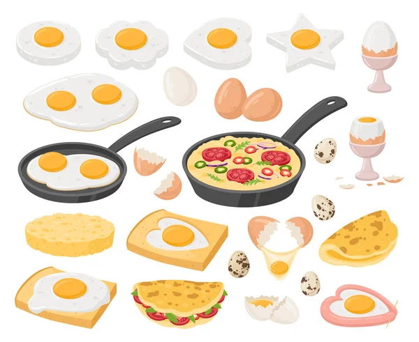 Platos Huevos Dibujos Animados Huevos Cocidos Huevo Frito Hervido Relleno — Vector de stock
