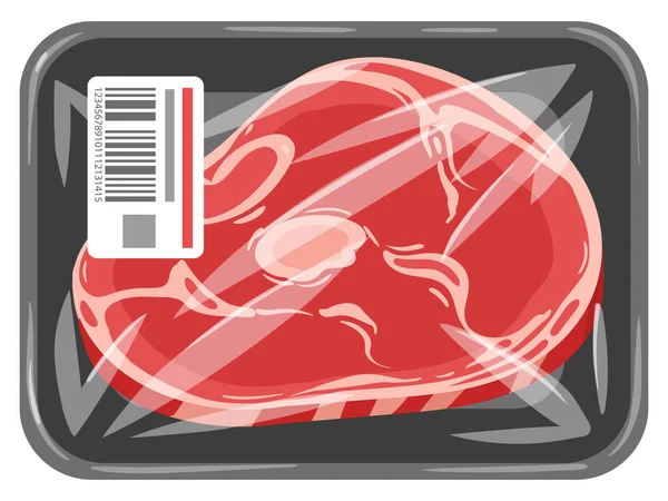 Cartoon Frozen Meat Steak Raw Beef Steak Vacuum Plastic Packaging — Stock Vector