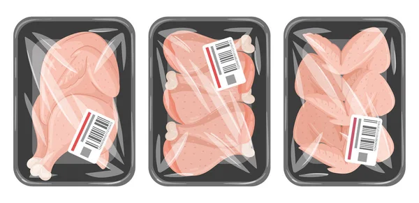 漫画冷凍鶏の肉 生の鶏の胸 足と翼に真空プラスチック包装 プラスチックトレイに詰められた鶏の肉白い背景にフラットベクトルイラスト — ストックベクタ