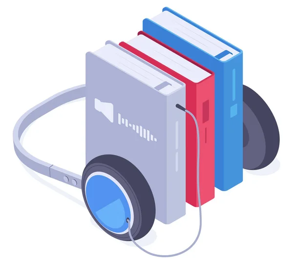 Изометрическое Приложение Онлайн Библиотеки Аудио Книги Мобильная Библиотека Чтение Электронное — стоковый вектор