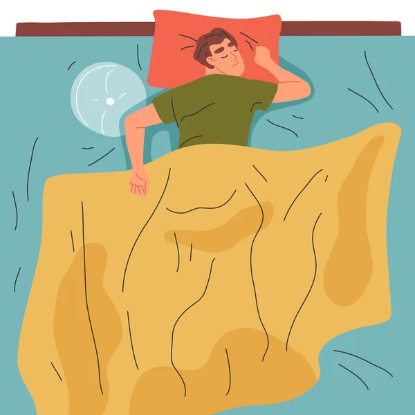 Άνθρωπος Κοιμάται Στο Κρεβάτι Cartoon Κατάκλιση Ζεστή Σκηνή Αναπαύοντας Αρσενικό — Διανυσματικό Αρχείο