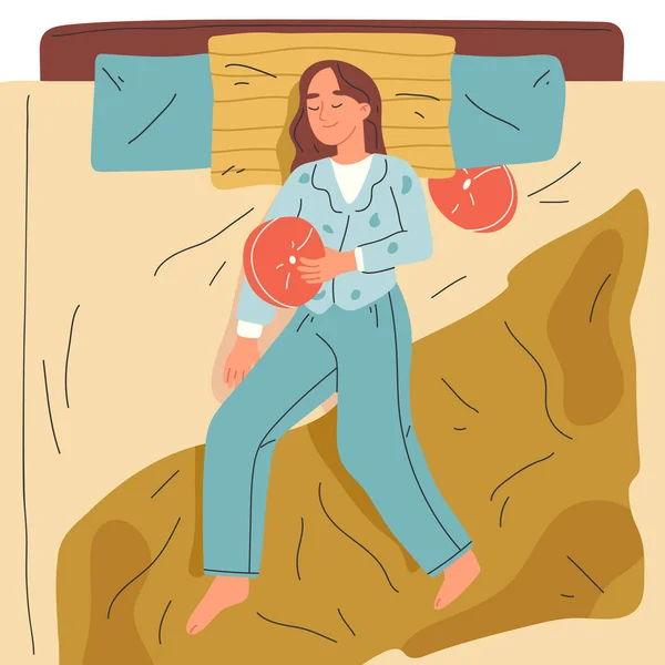 Žena Spící Posteli Cartoon Čas Spaní Útulná Scéna Odpočinek Ženský — Stockový vektor