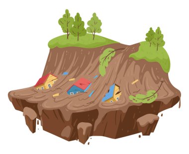 Cartoon mudflow, natural disaster. Landslide, mud stream with stones, washed away houses, mudflows extreme cataclysm disaster flat vector illustration on white background clipart