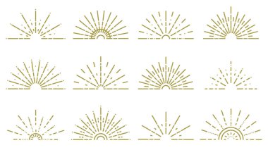 Gün doğumu ışık elementlerini karala. Güneş patlaması, soyut yükselen güneş çerçeveleri, beyaz arkaplana çizilmiş düz vektör sembolleri..