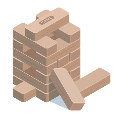 Isometric jenga oyunu. Tahta tuğlalar, 3 boyutlu bulmaca küpleri kulesi, aile ve arkadaşlar beyaz arka planda oyun temsili çizimi