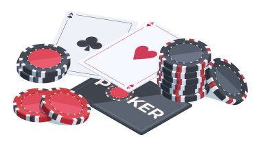 Isome poker kartları ve kumarhane fişleri. Çevrimiçi kumarhane kartları ve poker fişleri, 3 boyutlu kumar unsurları beyaz arka planda düz vektör çizimi