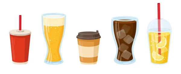 Карикатурные Напитки Безалкогольные Напитки Кофе Пенное Пиво Лимонад Газировка Апельсиновый — стоковый вектор