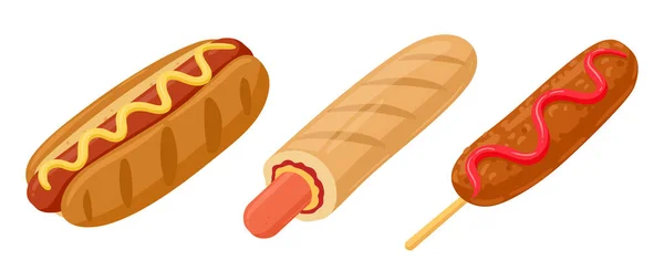 Rajzfilm Hot Dog Finom Hot Dog Kukorica Kutya Sajttal Mártással — Stock Vector