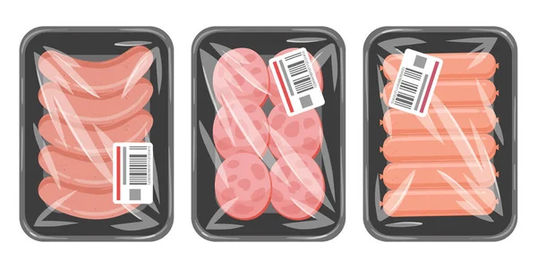 Tecknad Kött Korv Plastbricka Packad Med Vakuum Plast Förpackning Kött — Stock vektor
