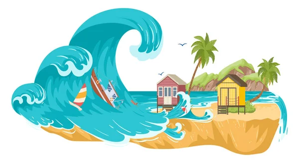 Cartoon Tsunami Natural Disaster Environment Damage Extreme Huge Ocean Waves — Stock Vector