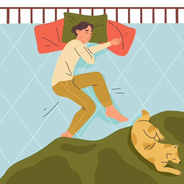Cartoon Junger Mann Schlafend Bett Männliche Schlafenszeit Gemütliche Szene Ruht — Stockvektor