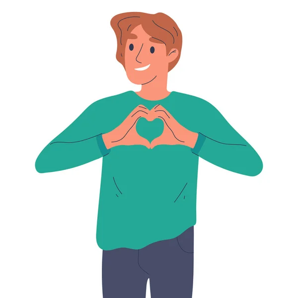 Man Showing Love Sign Excited Guy Heart Gesture Happy Smiling — Stock Vector