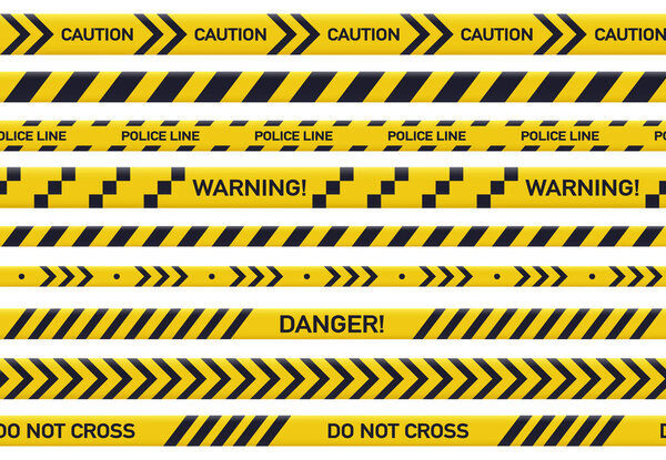 Police yellow line, crime barrier. Warning lines, security tapes and caution danger ribbons flat vector illustration set. Not cross, security line collection