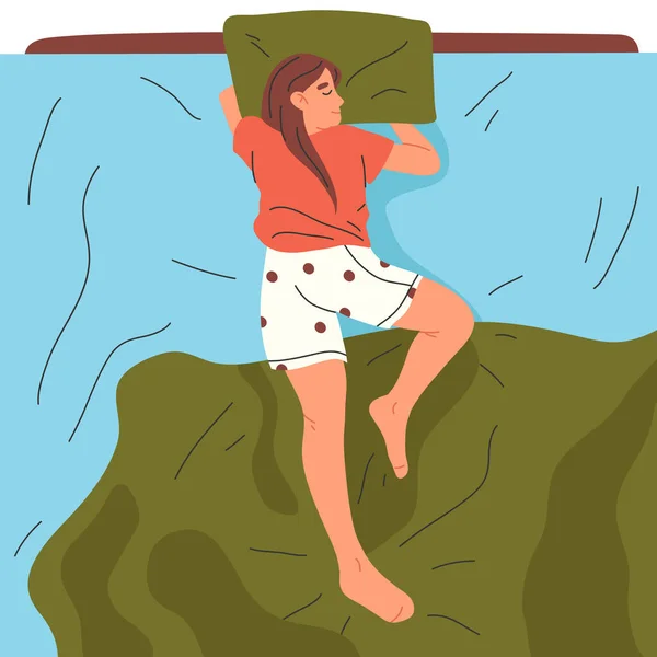 Νεαρή Γυναίκα Κοιμάται Στο Κρεβάτι Ανάπαυση Γυναικείο Χαρακτήρα Ύπνο Ζεστή — Διανυσματικό Αρχείο