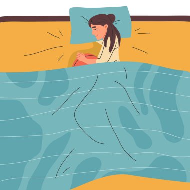 Çizgi filmdeki kadın yatakta uyuyor. Genç dinlenen kadın karakter, yatak zamanı rahat sahne düz vektör çizimi beyaz arka planda izole
