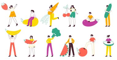 İnsanlar sebze ve meyve taşıyor. Vejetaryen sağlıklı yemekleri olan küçük karakterler, büyük havuç, salatalık ve vişneli düz vektör çizim seti. Erkekler ve kadınlar taze organik besin taşıyor.