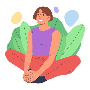 Yoga çizgi filminde meditasyon yapan adam. Nilüfer çiçekli gevşetici adam soluk alma eğitimi alıyor, yoga yapan barışçıl sakin erkek beyaz arka planda izole edilmiş düz vektör çizimi yapıyor.