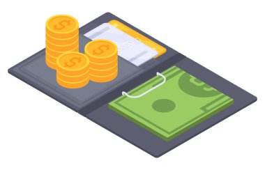 Isome parası. Dolar banknotları, nakit dolar banknotları, altın sikkeler, para cüzdanı ve kredi kartı illüstrasyonları beyaz arka planda izole edilmiş.