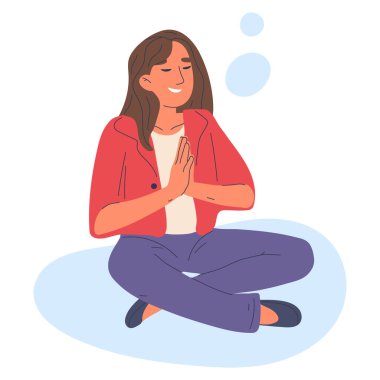 Karikatür meditasyon yapan iş kadını. Nilüfer çiçeği pozu veren rahat ofis çalışanı, huzurlu kadın çalışan beyaz arka planda yoga yassı vektör çizimi yapıyor.