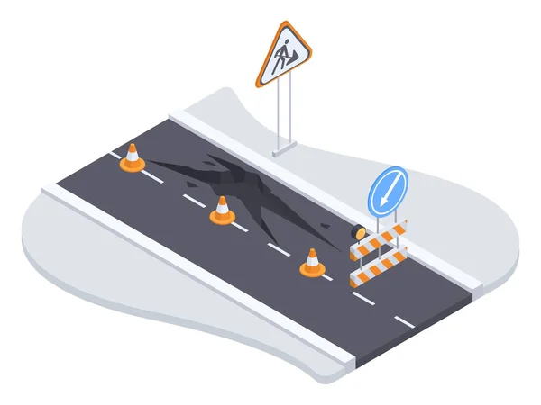 等距裂缝的城市道路 正在建设中的城市沥青路面 有安全路标的道路和障碍3D矢量图解 危险路段 — 图库矢量图片