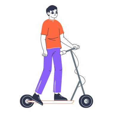 Tekmeleyen adam scooter 'ı. Çevre dostu ulaşım yolcusu, elektrikli araç, beyaz arka planda modern ulaşım düz vektör illüstrasyon kullanan kişi.