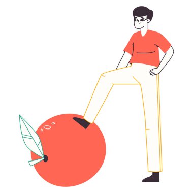 Elmalı küçük bir adam. Sağlıklı vejetaryen erkek karakter, beyaz arka planda kırmızı elma düz vektör çizimi olan adam.