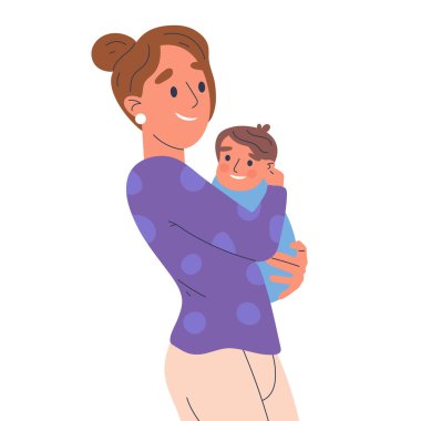 Anne kucağında tatlı bir bebek taşıyor. Anne ve küçük çocuğu sevmek, ebeveynlik konsepti düz vektör çizimi beyaz arka planda