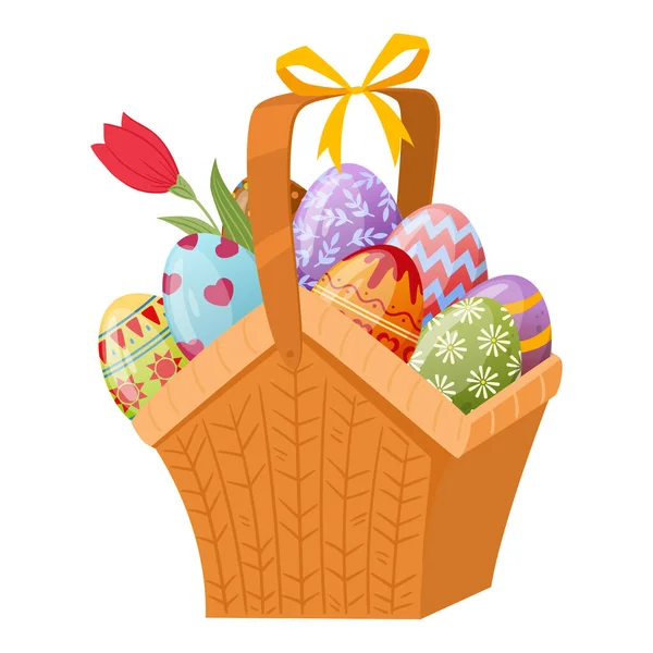 Kreslený Proutěný Košík Plný Velikonočních Vajíček Malované Velikonoční Vejce Koši — Stockový vektor