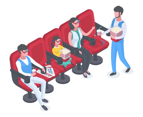 等距电影院的游客坐在电影院的椅子上 拿着爆米花 苏打粉和3D眼镜的人在大银幕上观看电影 — 图库矢量图片