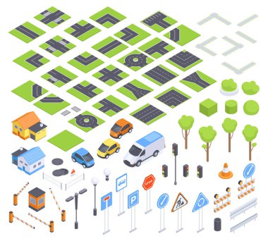 Isometric yolları, 3D şehir inşaatçısı. Şehir sokak levhaları, trafik ışıkları, ilan panosu ve sokak aydınlatma 3D vektör çizimi seti. Şehir yol haritası elementleri