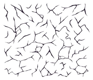 Elementleri kırar. Hasarlı yüzey, siyah çatlak siluetler, el çizilmiş çatlak dokusu. Soyut çatlak yüzey düz vektör çizimi