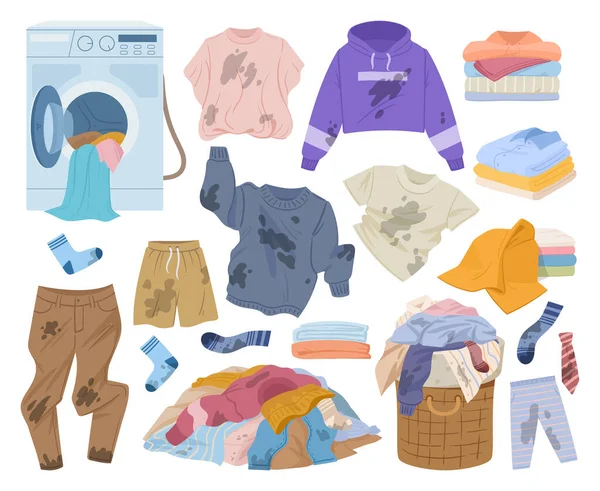 Cartoon Dirty Clothes Wrinkled Stained Clothes Laundry Basket Stack Clean — Image vectorielle