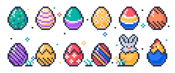 Paskalya yumurtaları. Boyalı tavuk 8bit yumurta, pikselli sanat atari oyunu yumurta ikonları, bahar tatili yumurta avı oyunu düz arkaplan çizimi