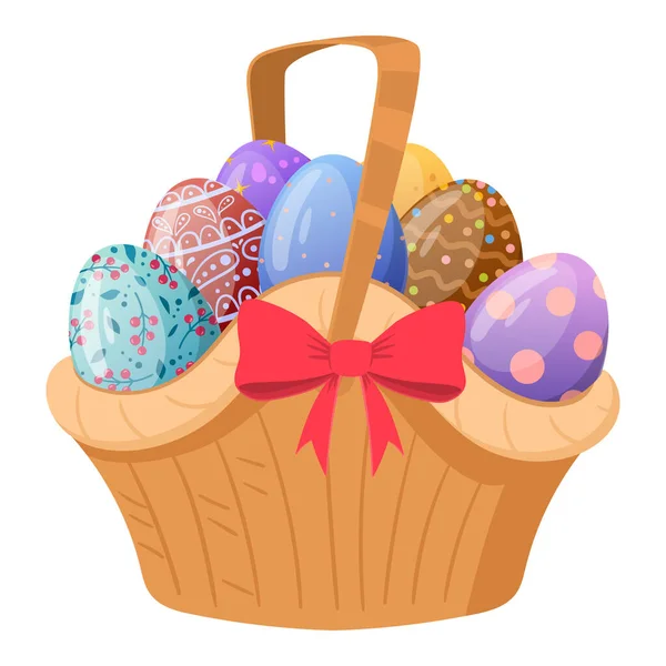 Cartoon Easter Wicker Basket Painted Easter Eggs Hamper Handle Basket — 스톡 벡터