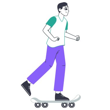 Man riding skateboard. Eco friendly transportation, male character ride skateboard flat vector illustration. Modern eco transport rider.