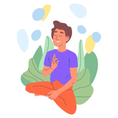 Meditating male character. Yoga meditation in lotus pose, relaxing mindful man breath and balance training flat vector illustration on white background