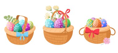 Cartoon easter eggs baskets. Painted easter eggs in wicker baskets, spring holiday celebration basket flat vector illustration set on white background clipart