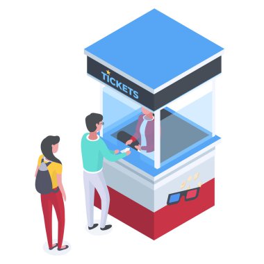 Cinema theater box office. People buying cinema tickets, movie theater ticket counter queue flat vector illustration on white background
