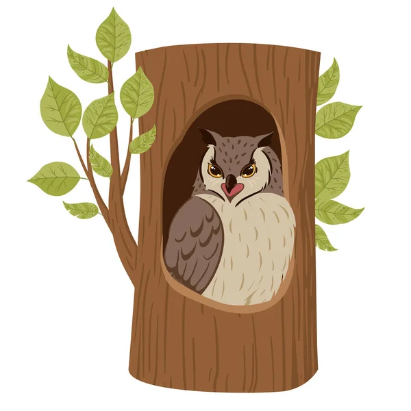 Cartoon Owl Sitting Oak Nest Tree Hollow Forest Owl Bird — Vector de stock
