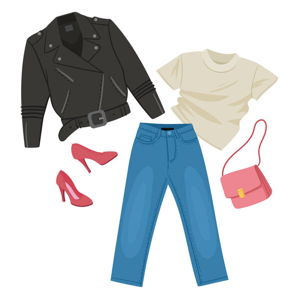 Casual outfit. Cartoon fashion clothing, leather jacket, t shirt, jeans, heels and pouch, women casual garments look flat vector illustration on white background