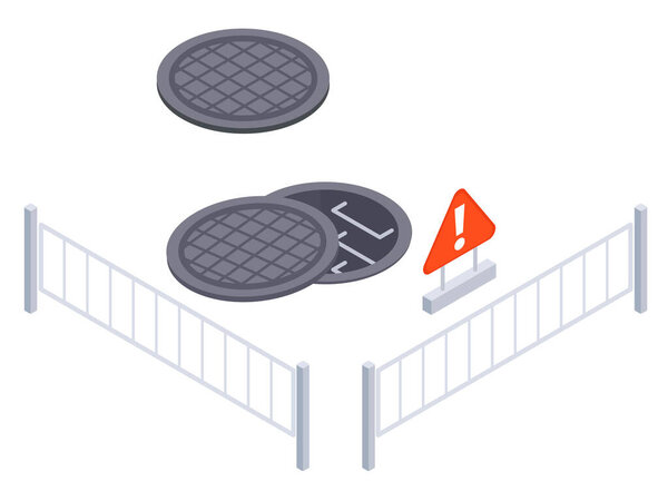 Isometric city road barriers. Urban city sewer works, road under construction, road fenced with security signposts 3D vector illustration