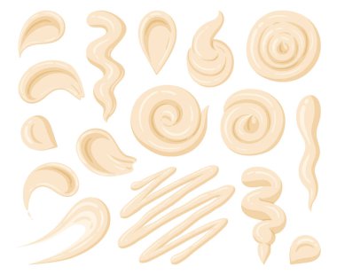 Cartoon mayo sauce stains. White sauce dip, sauce splash, fast food dressing, bechamel sauce flat vector illustration on white background