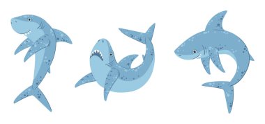 Cartoon ocean shark mascots. Cute marine predator creature, swimming shark underwater creature. Ocean shark predators flat vector symbols illustration set